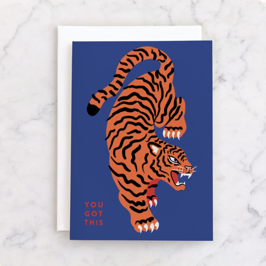 "Motivational Tiger" - Single Greeting Cards in Pool by Erin Phipps - Front