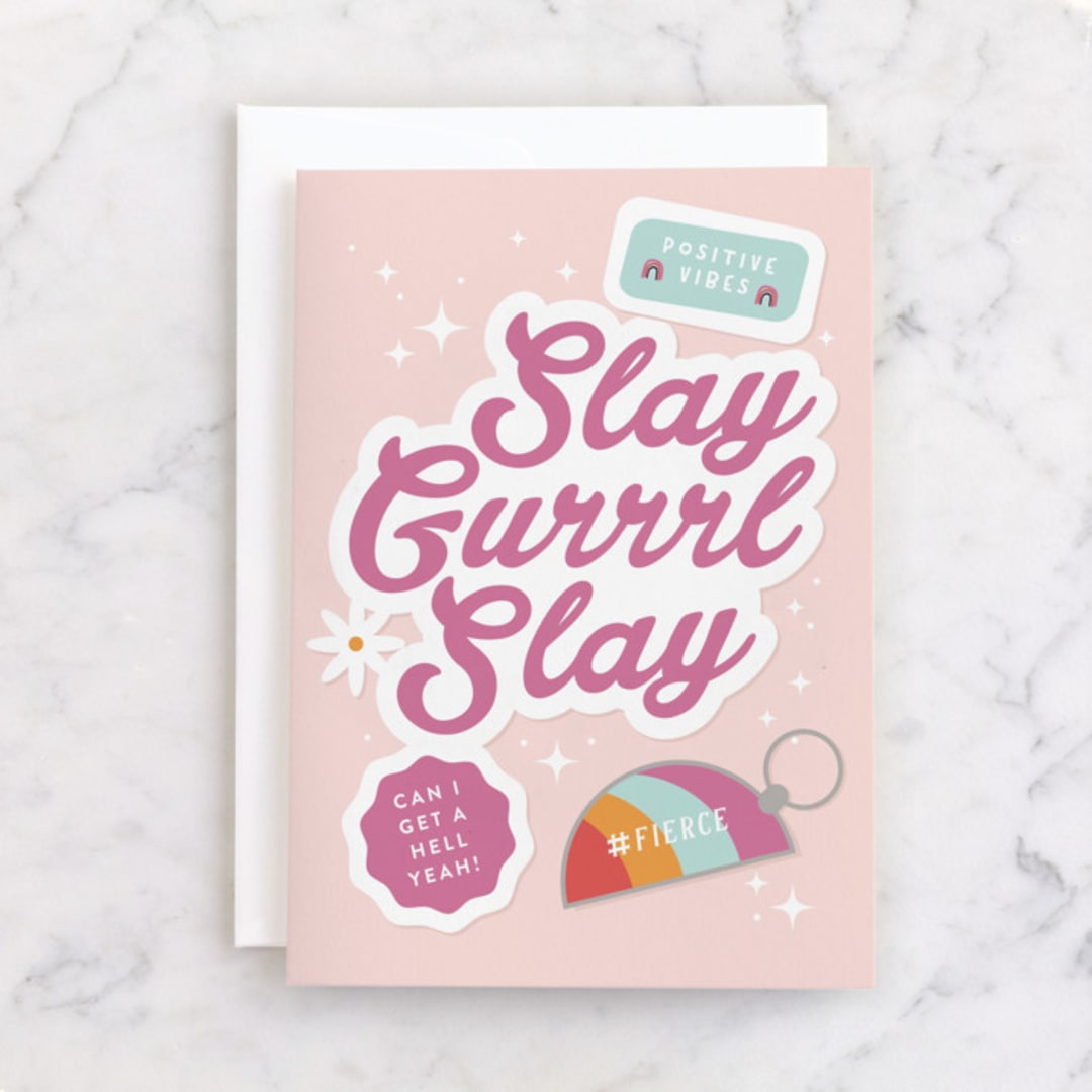 "Slay Gurrrl" - Single Greeting Cards in Baby Pink by Corinne Malesic - Front