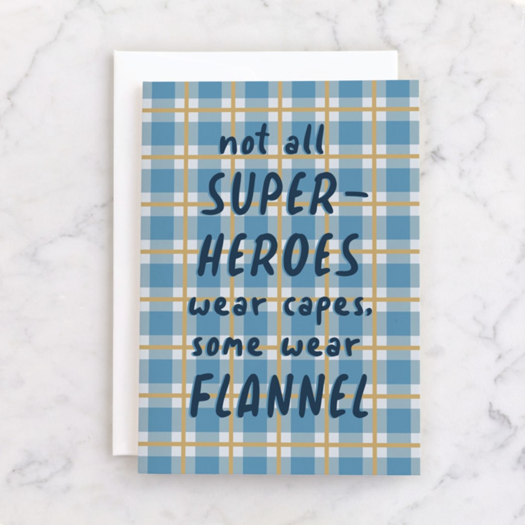 "Flannel Hero" - Single Greeting Cards in Blue Plaid by Zani van Zyl - Front