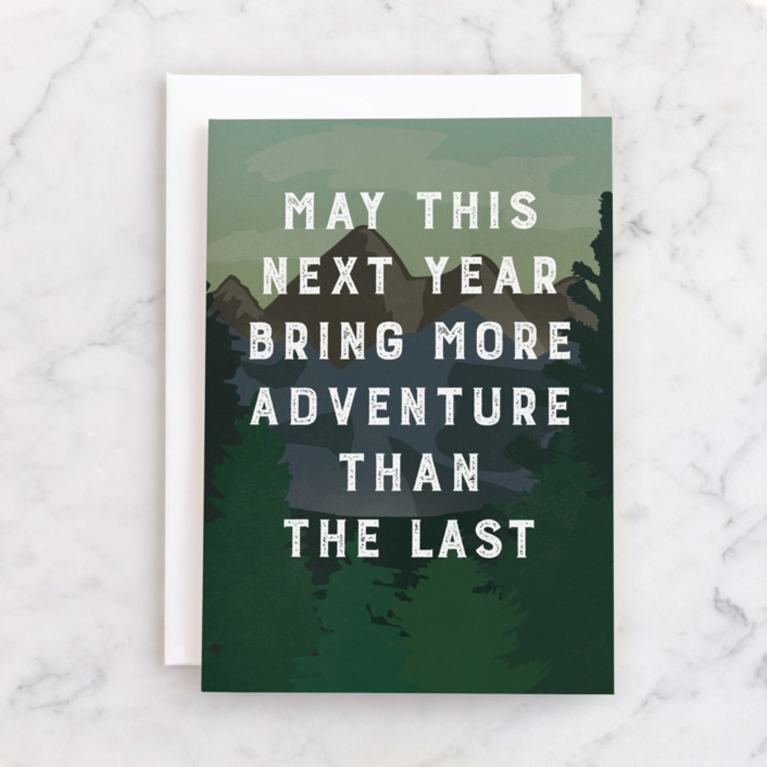 "More Adventure" - Single Greeting Cards in Evergreen by Amy Payne - Front