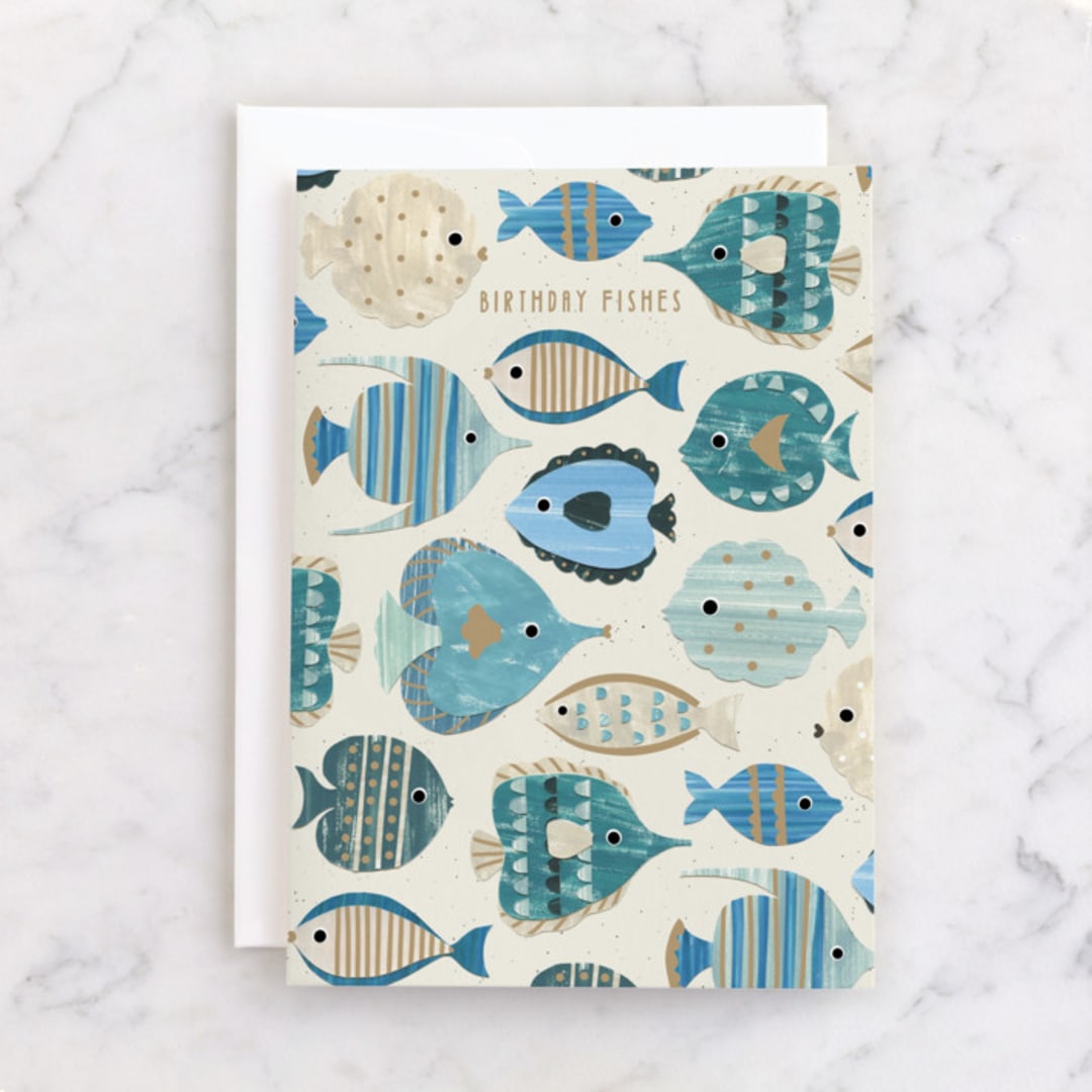"Birthday Fish" - Single Greeting Cards in Sand by Sarah Knight - Front