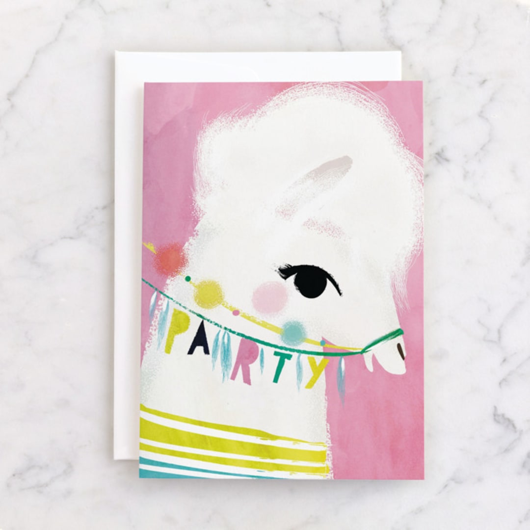 "Llama Birthday" - Single Greeting Cards in Bubblegum by Lori Wemple - Front