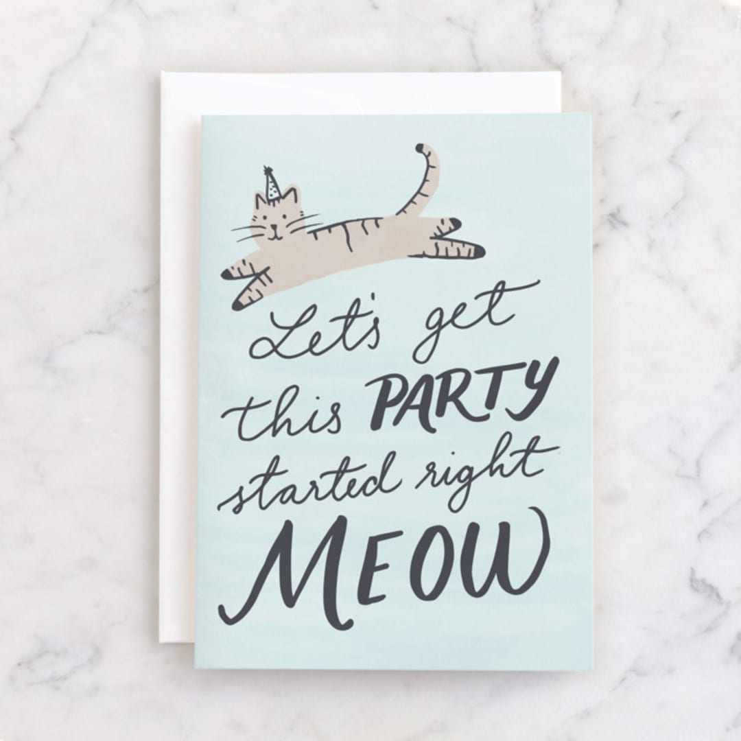 "Party Meow" - Single Greeting Cards in Baby Blue by Everett Paper Goods - Front