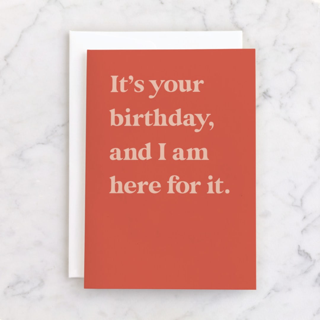 "Here for it" - Single Greeting Cards in Papaya by Lea Delaveris - Front