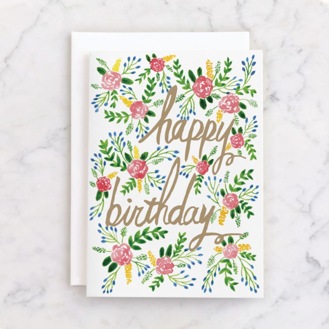 "Floral Birthday Card" - Single Greeting Cards in Sage by Yaling Hou Suzuki - Front