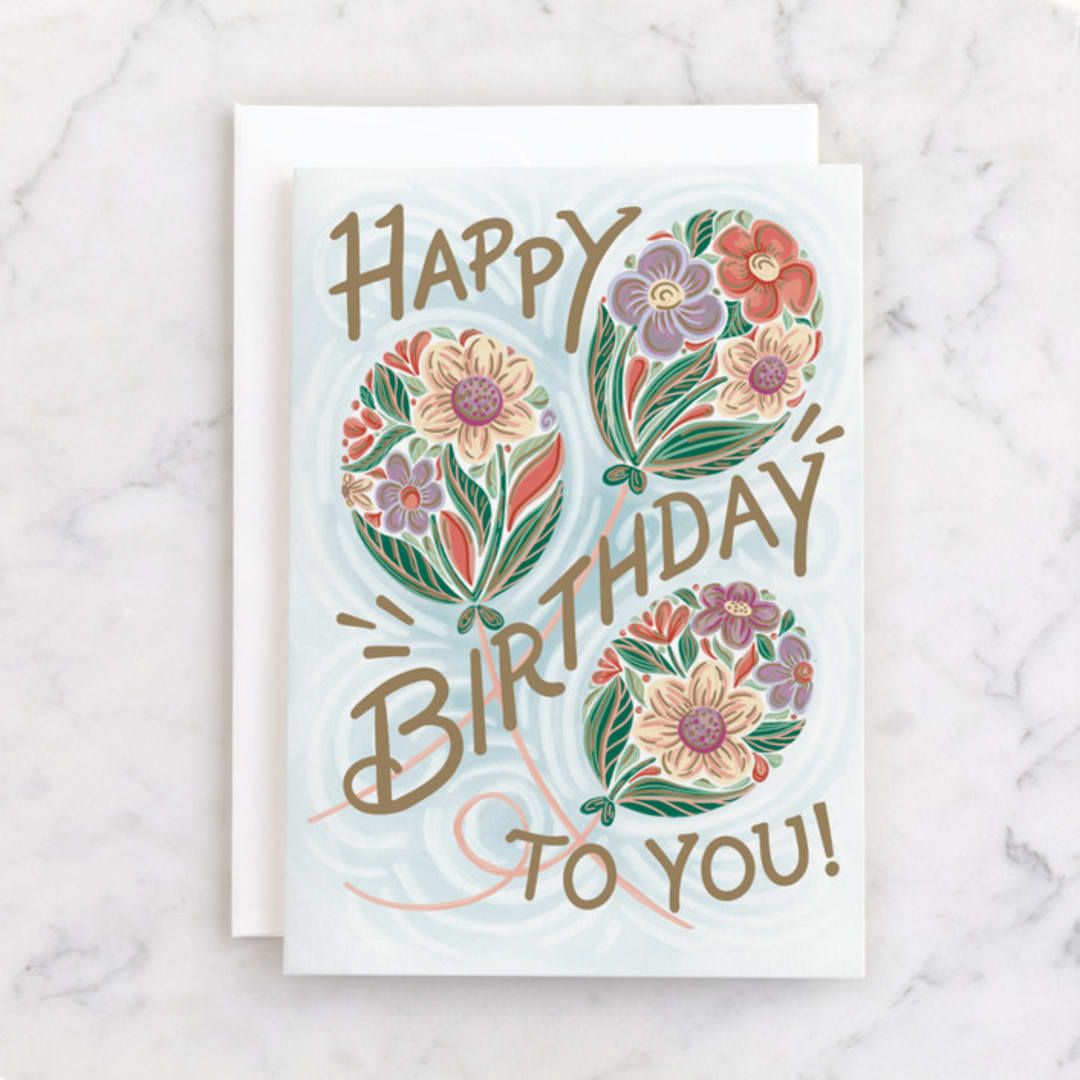 "Floral Balloons" - Single Greeting Cards in Baby Blue by Paper Sun Studio - Front