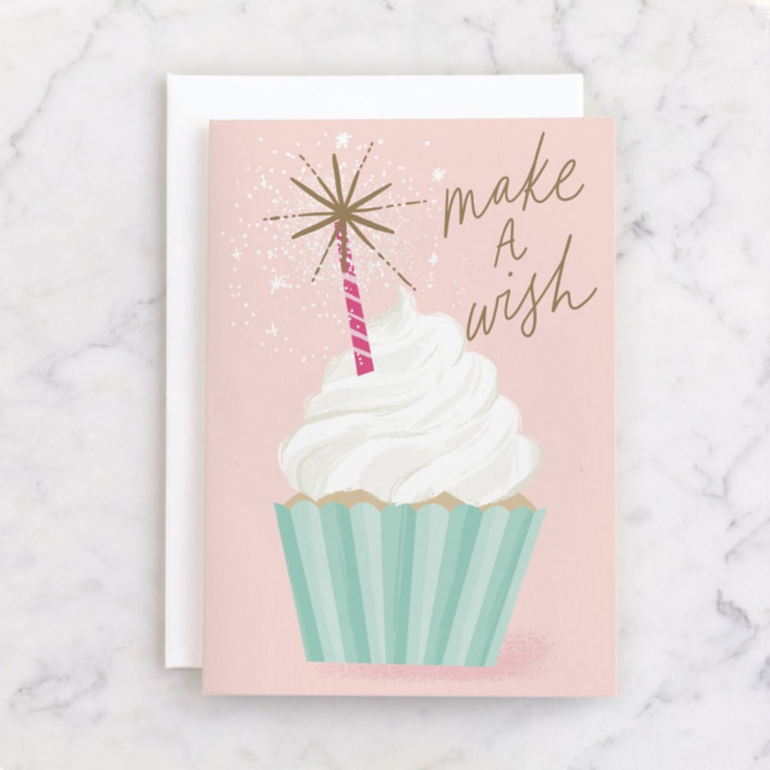 "Cupcake Wishes" - Single Greeting Cards in Rose by Everett Paper Goods - Front