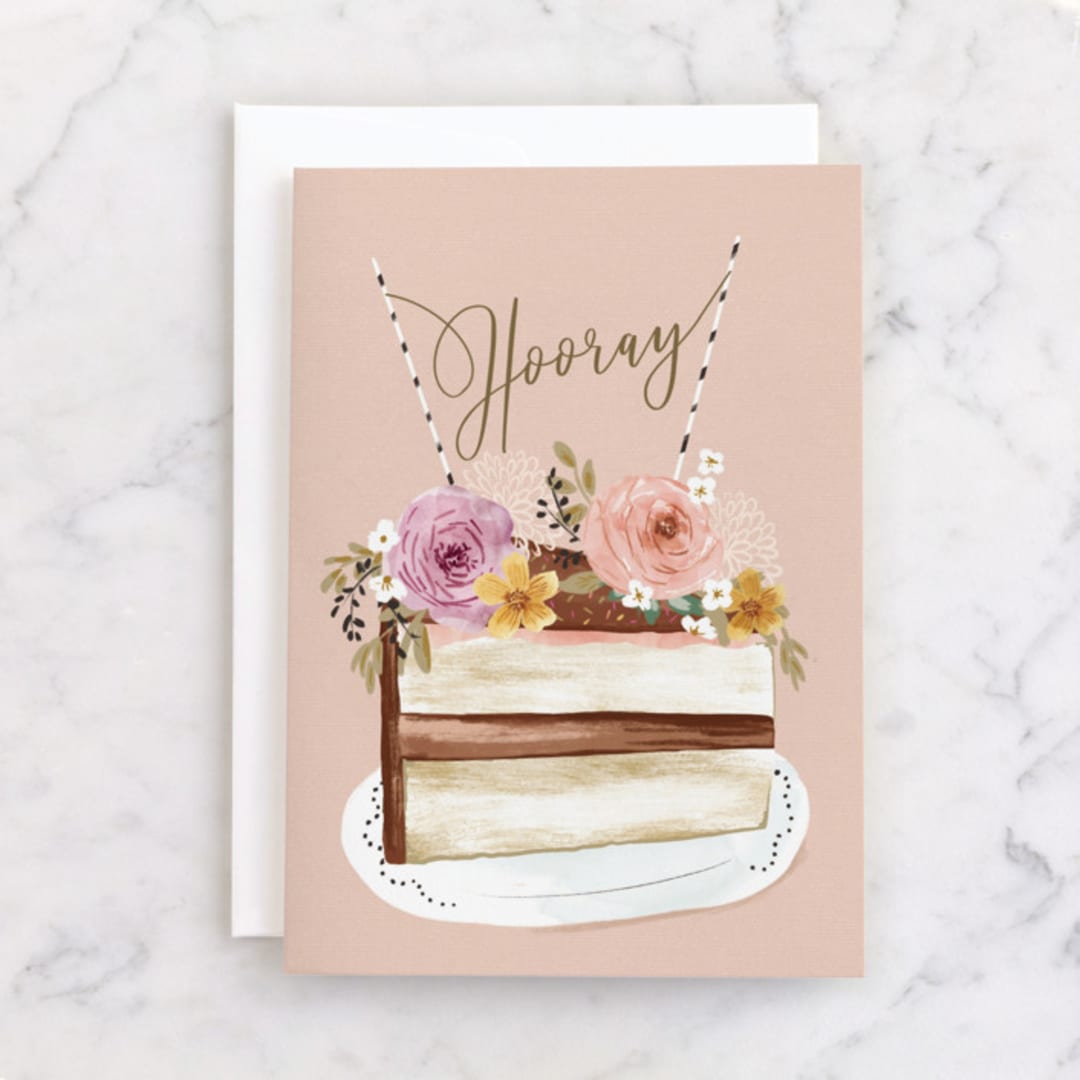 "Hooray HBD" - Single Greeting Cards in Beige by Petra Kern - Front