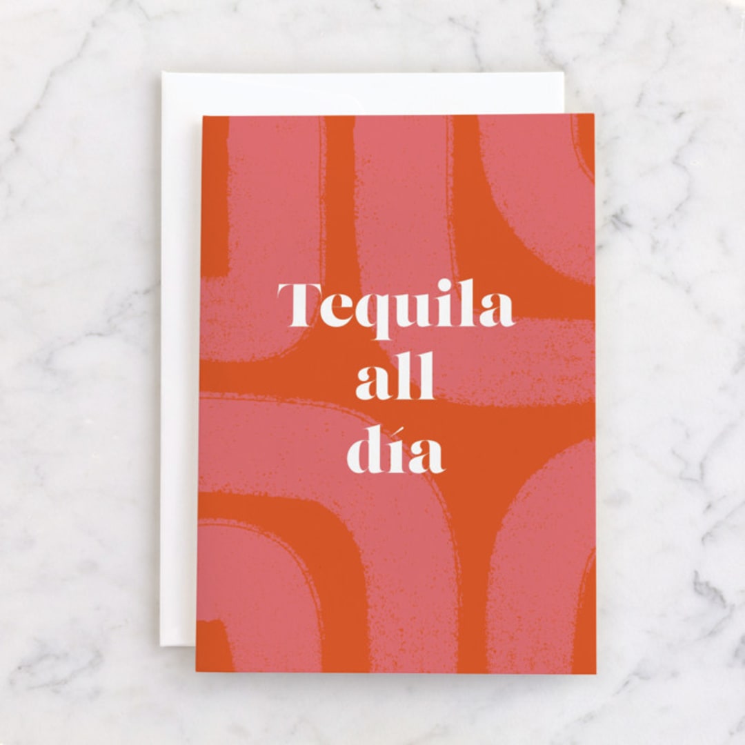 "Tequila all día" - Single Greeting Cards in Carrot by Shari Margolin - Front