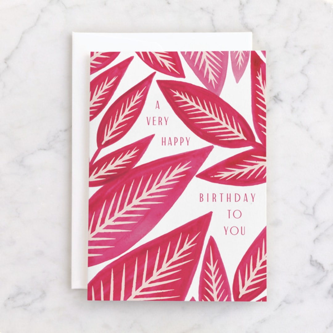 "Watercolor Leaves" - Single Greeting Cards in Deep Rose by Katharine Watson - Front