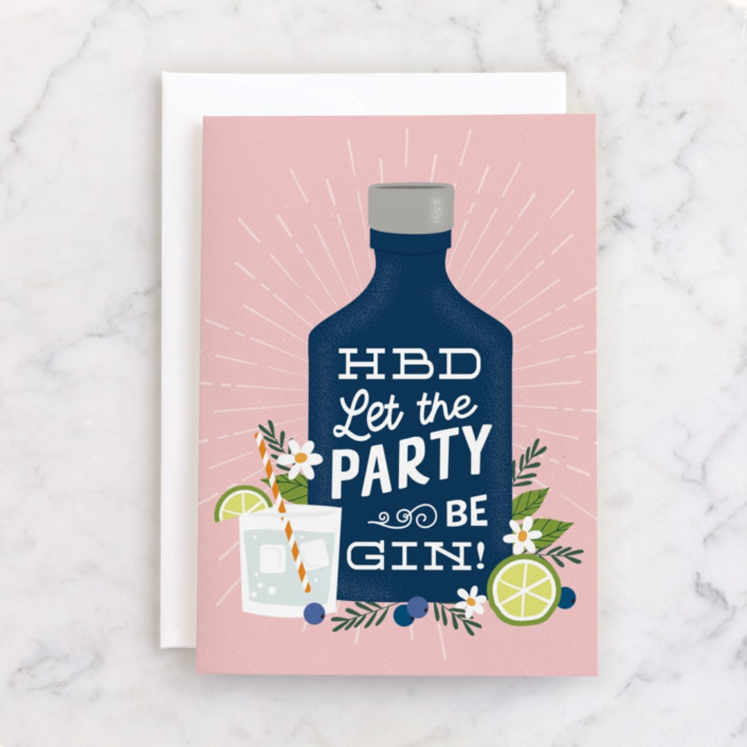 "Birthday Gin" - Single Greeting Cards in Rose by Nam Bourassa - Front