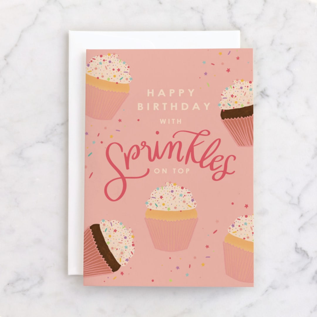 "Sprinkles" - Single Greeting Cards in Peony by Lauren Jinhee - Front