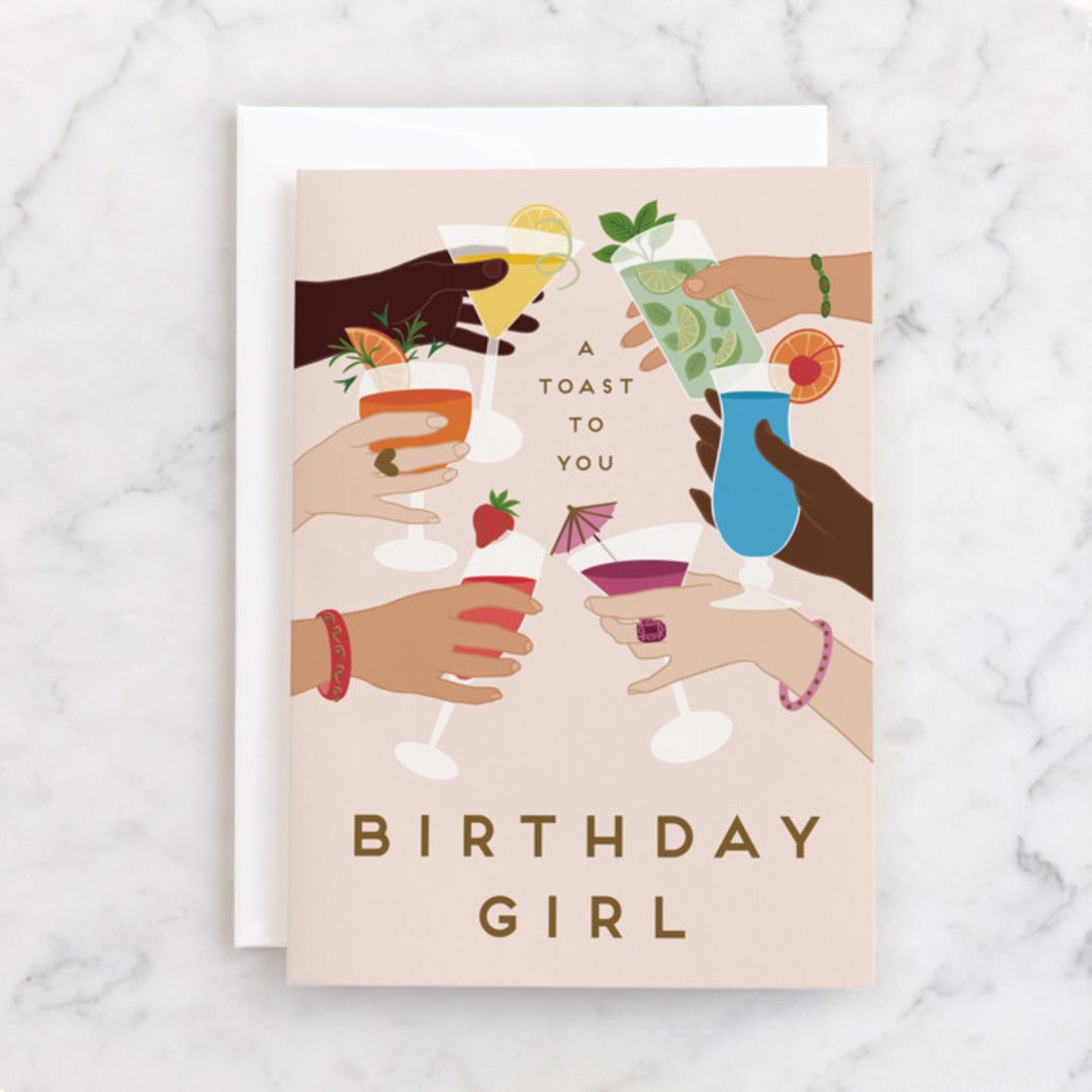 "A toast to the birthday girl" - Single Greeting Cards in Raspberry by Jamie Alexander - Front