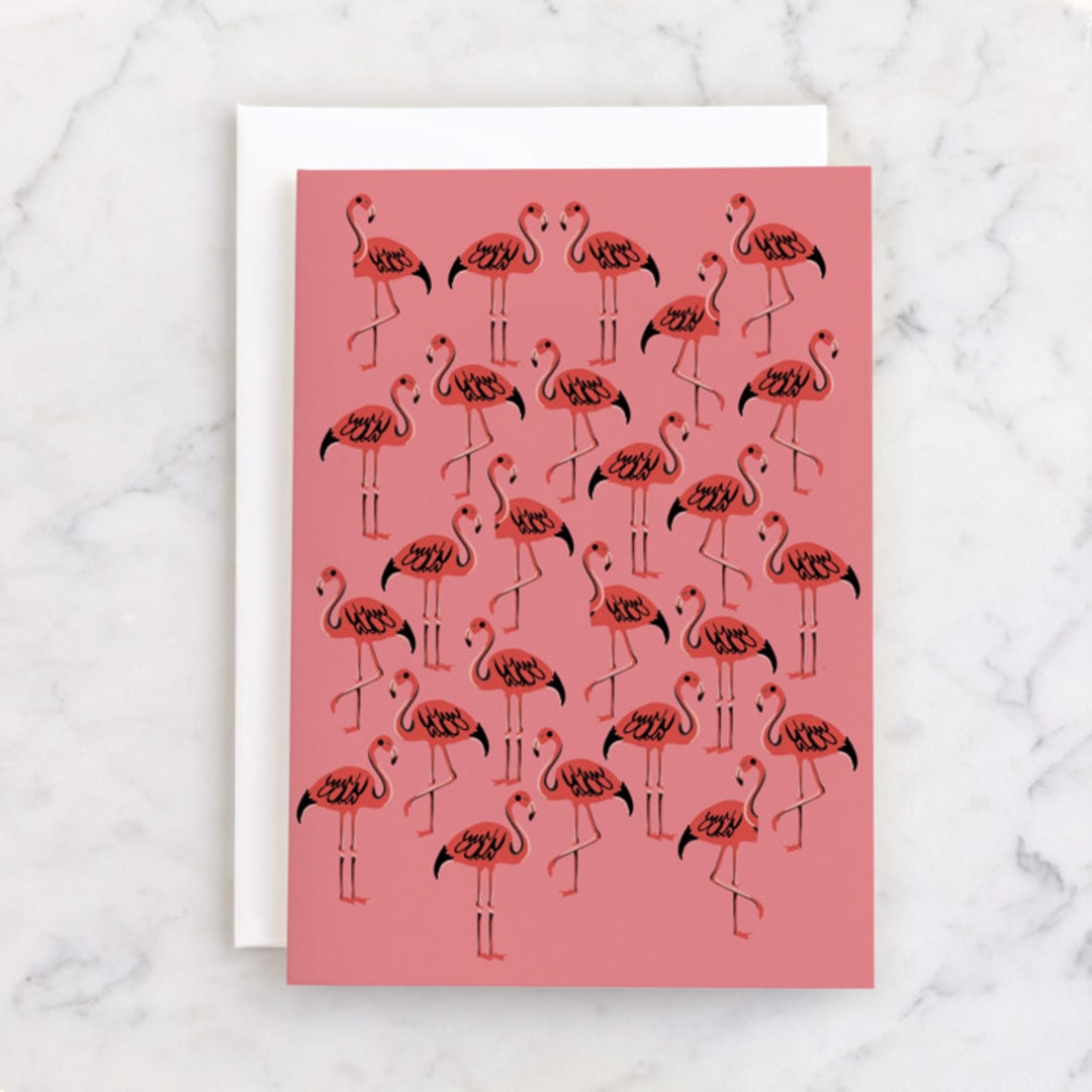 "What the Flock" - Single Greeting Cards in Flamingo by Baumbirdy - Front