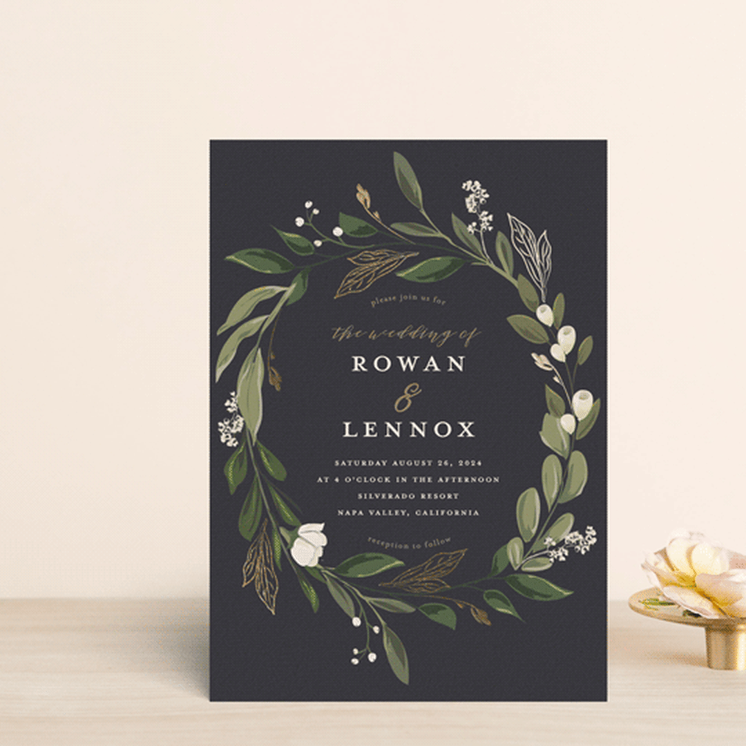 "Greenery Crown" - Wedding Invitations in Midnight by Susan Moyal - Front