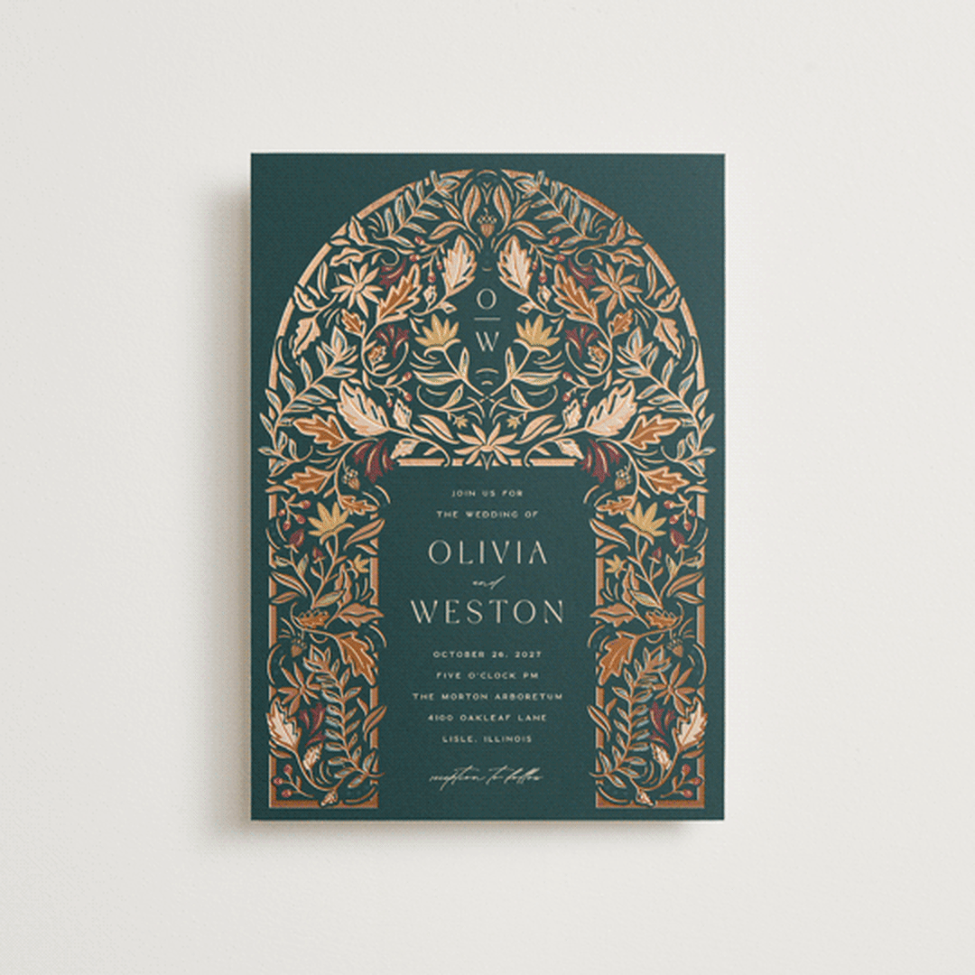 "Autumnal Arch" - Wedding Invitations in Deep Sea by Erin German - Front