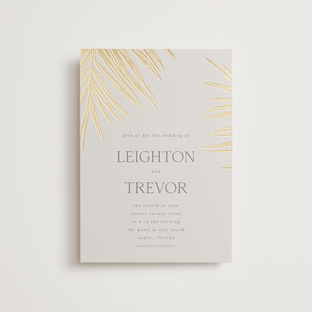 "Gilded Palm" - Wedding Invitations in Sand by Melinda Denison - Front