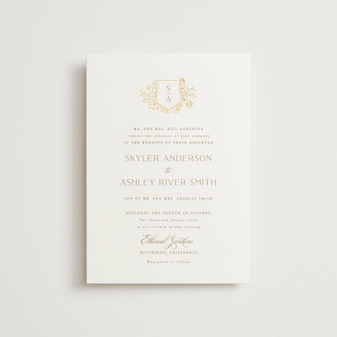"floral crest" - Wedding Invitations in Champagne by Cass Loh - Front