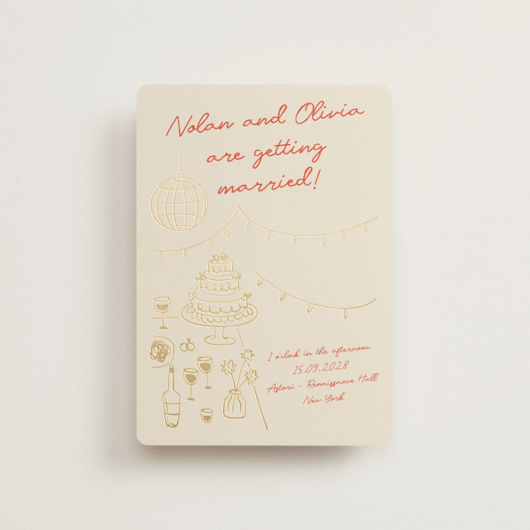 "Party On!" - Wedding Invitations in Sangria Spark by Zove Ahhh - Front