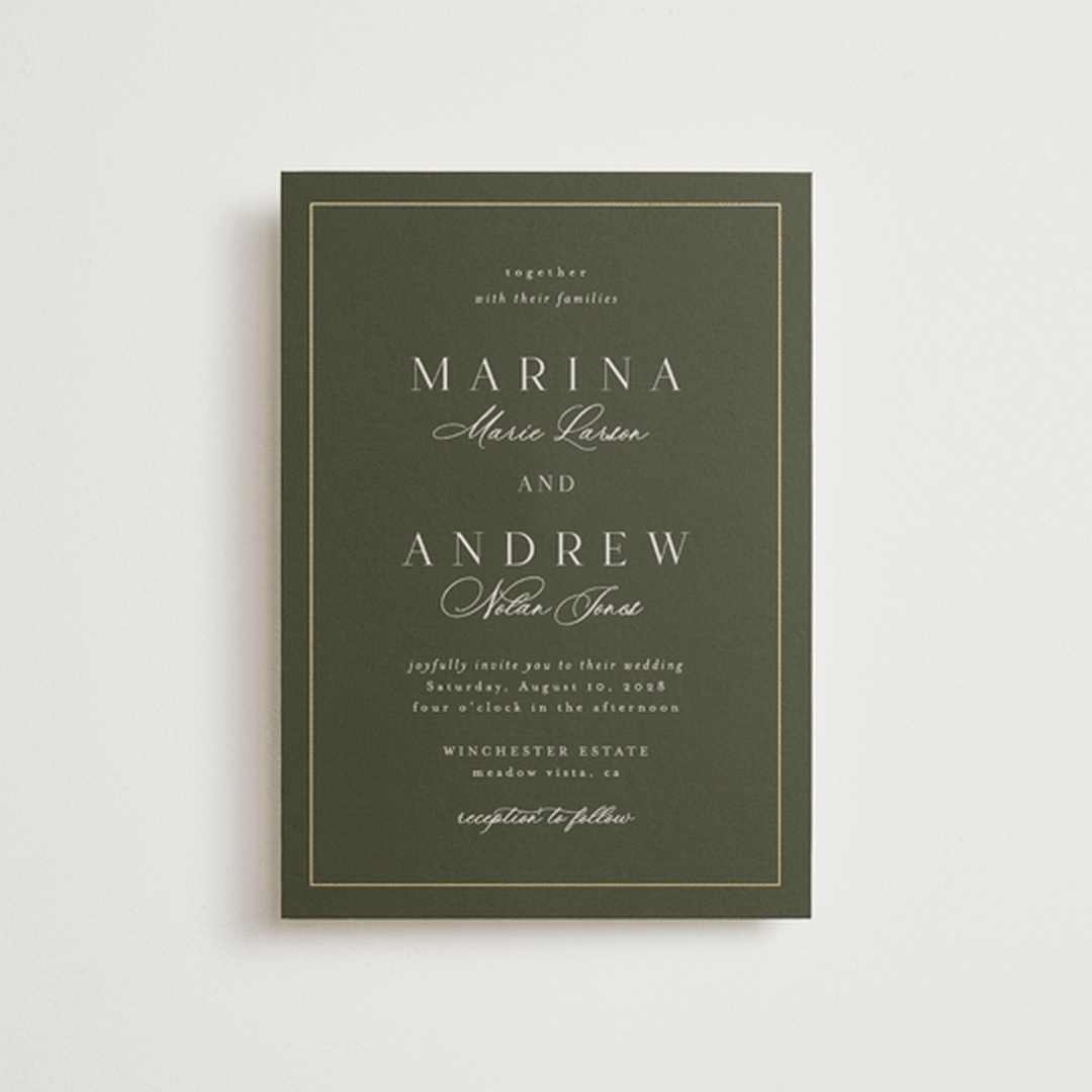 "refined" - Wedding Invitations in Deep Olive by Nicole Walsh - Front