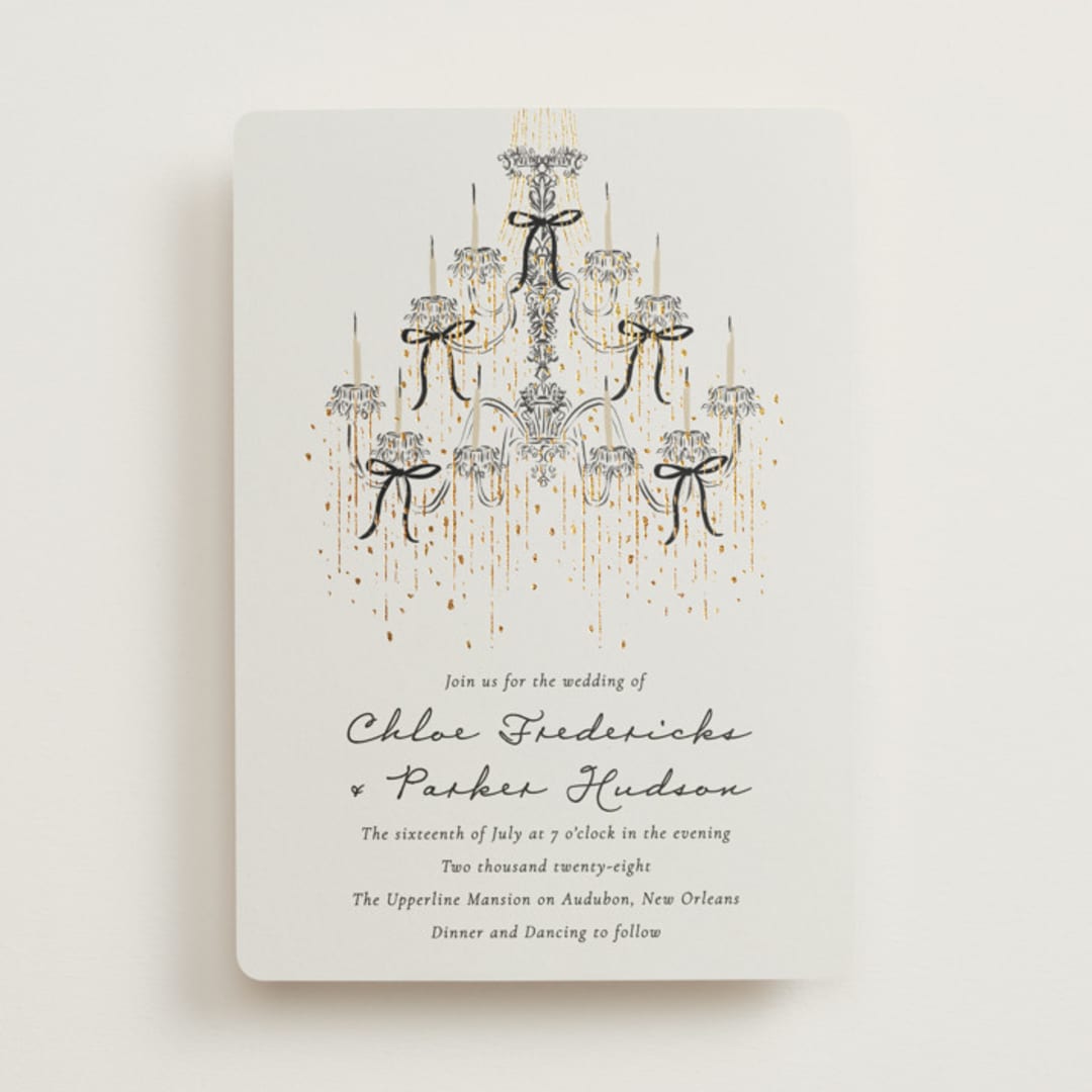 "Hand Illustrated Whimsical Chandelier" - Wedding Invitations in Noir by Jackie Crawford - Front
