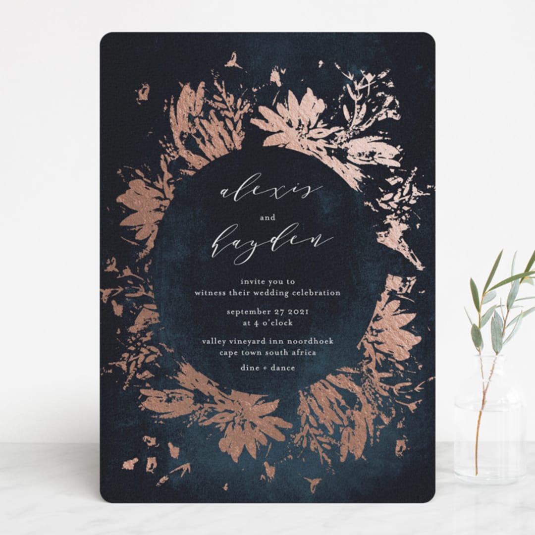 "Pressed Flowers" - Wedding Invitations in Navy by Phrosné Barwood - Front