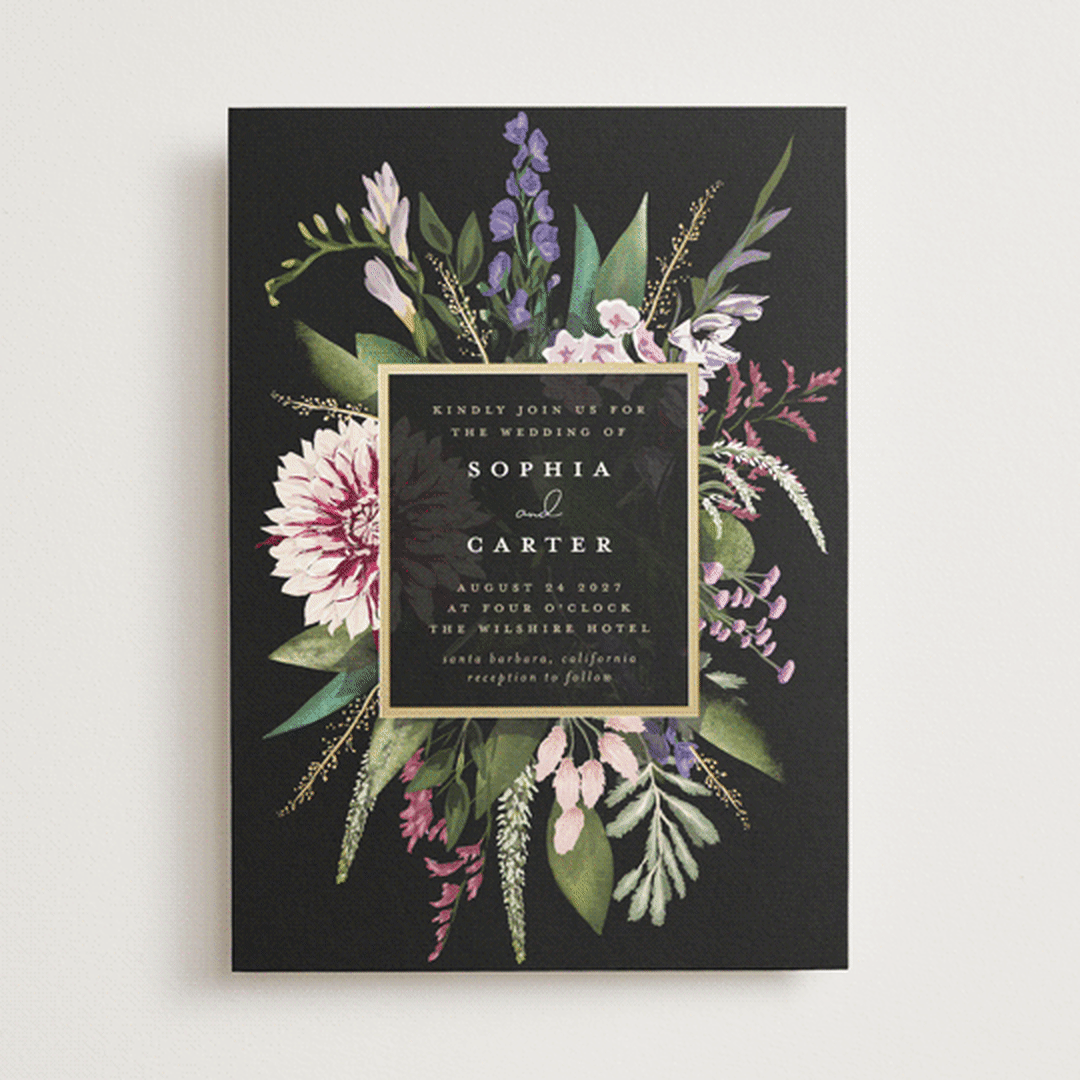 "Bold Bouquet" - Wedding Invitations in Midnight by Susan Moyal - Front