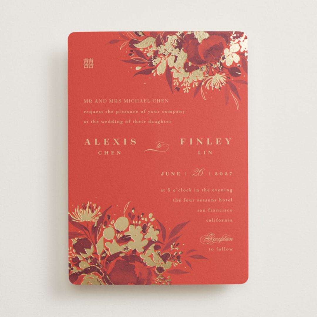 "Happiness" - Wedding Invitations in Cherry by Shannon Chen of Four Wet Feet Studio - Front
