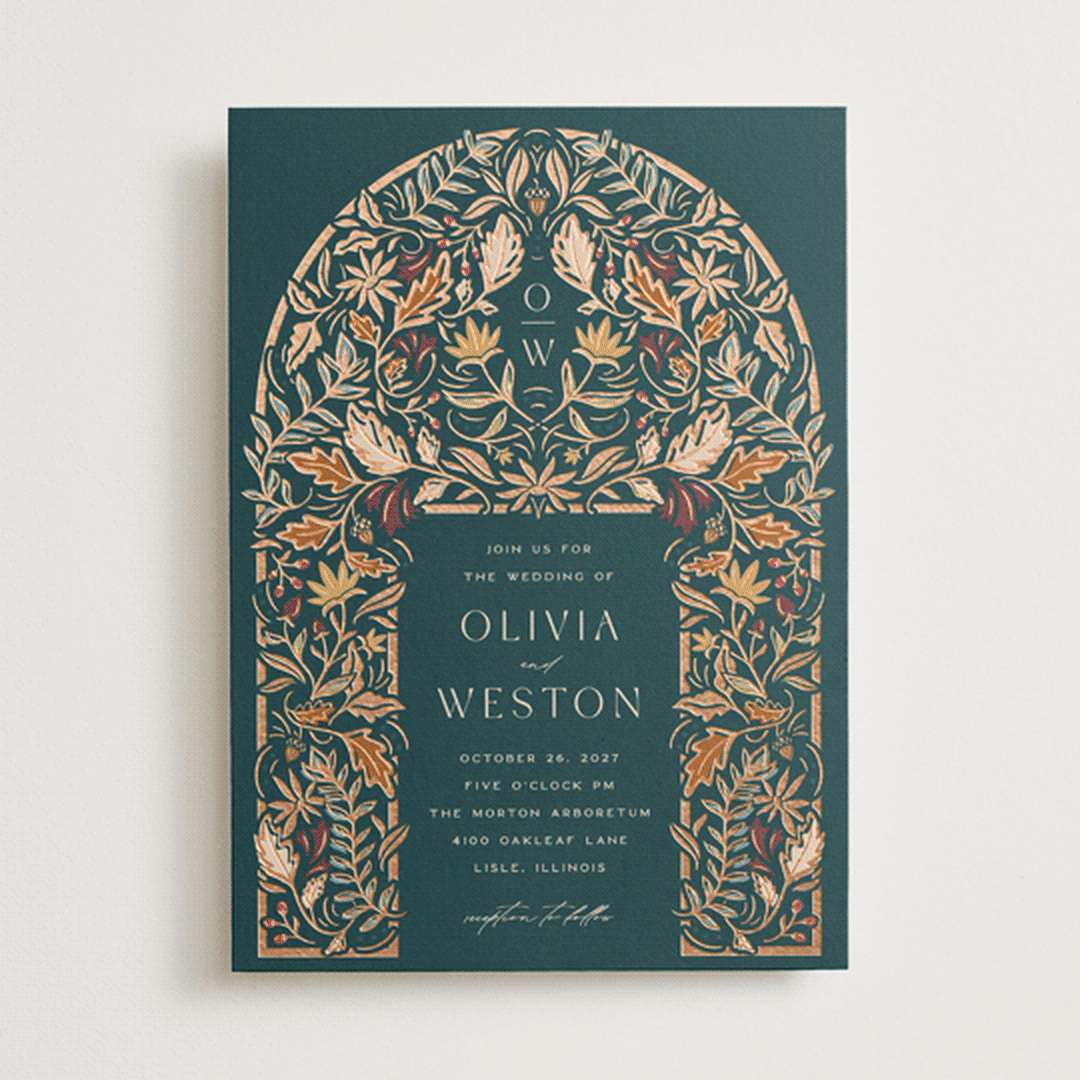 "Autumnal Arch" - Wedding Invitations in Deep Sea by Erin German - Front