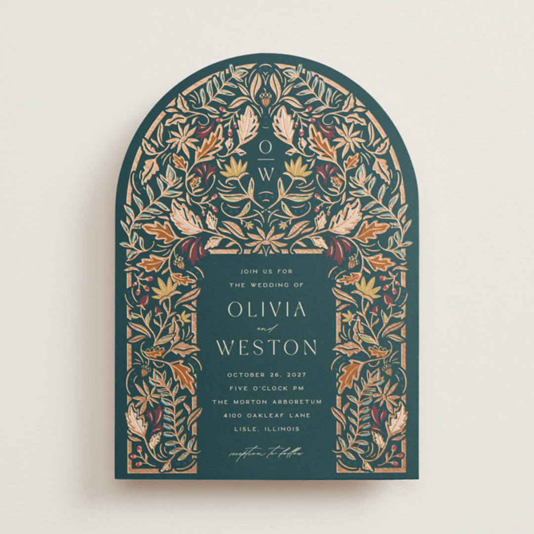 "Autumnal Arch" - Wedding Invitations in Deep Sea by Erin German - Front