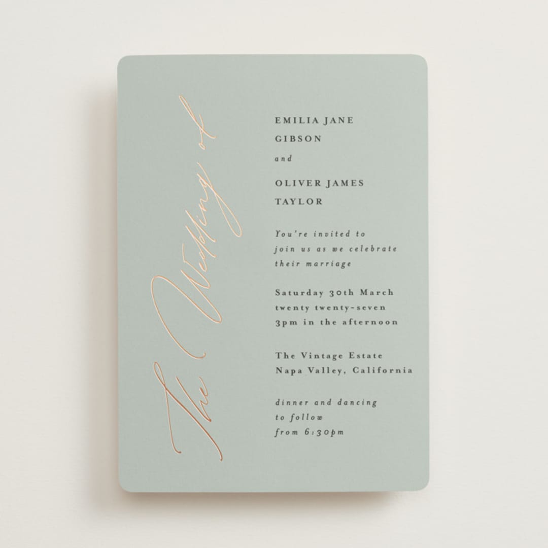 "Gilded Script" - Wedding Invitations in Sage by Angela Thompson - Front