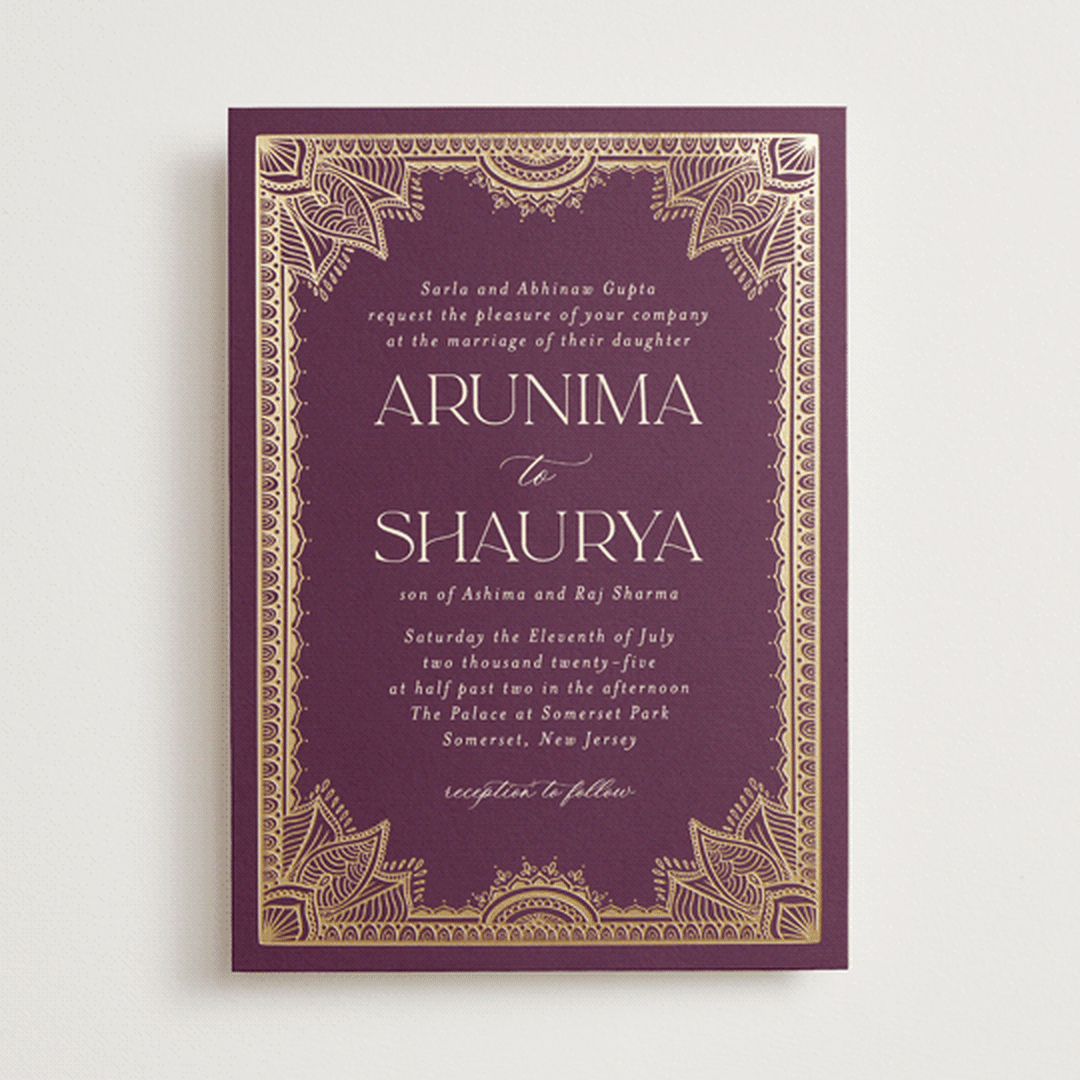"Arunima" - Wedding Invitations in Plum by Randi Cirelli - Front