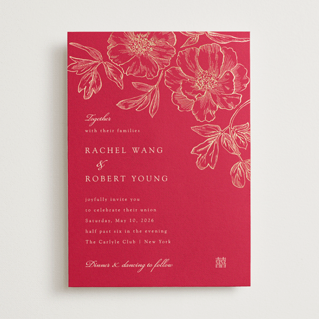 "Double Peony" - Wedding Invitations in Ruby by Janean Hinger - Front