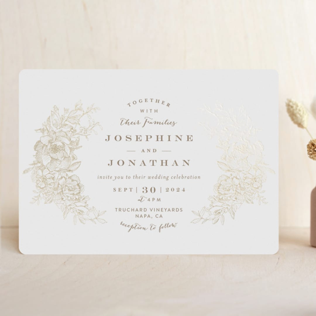 "Engraved Flowers" - Wedding Invitations in Gold by Phrosné Barwood - Front