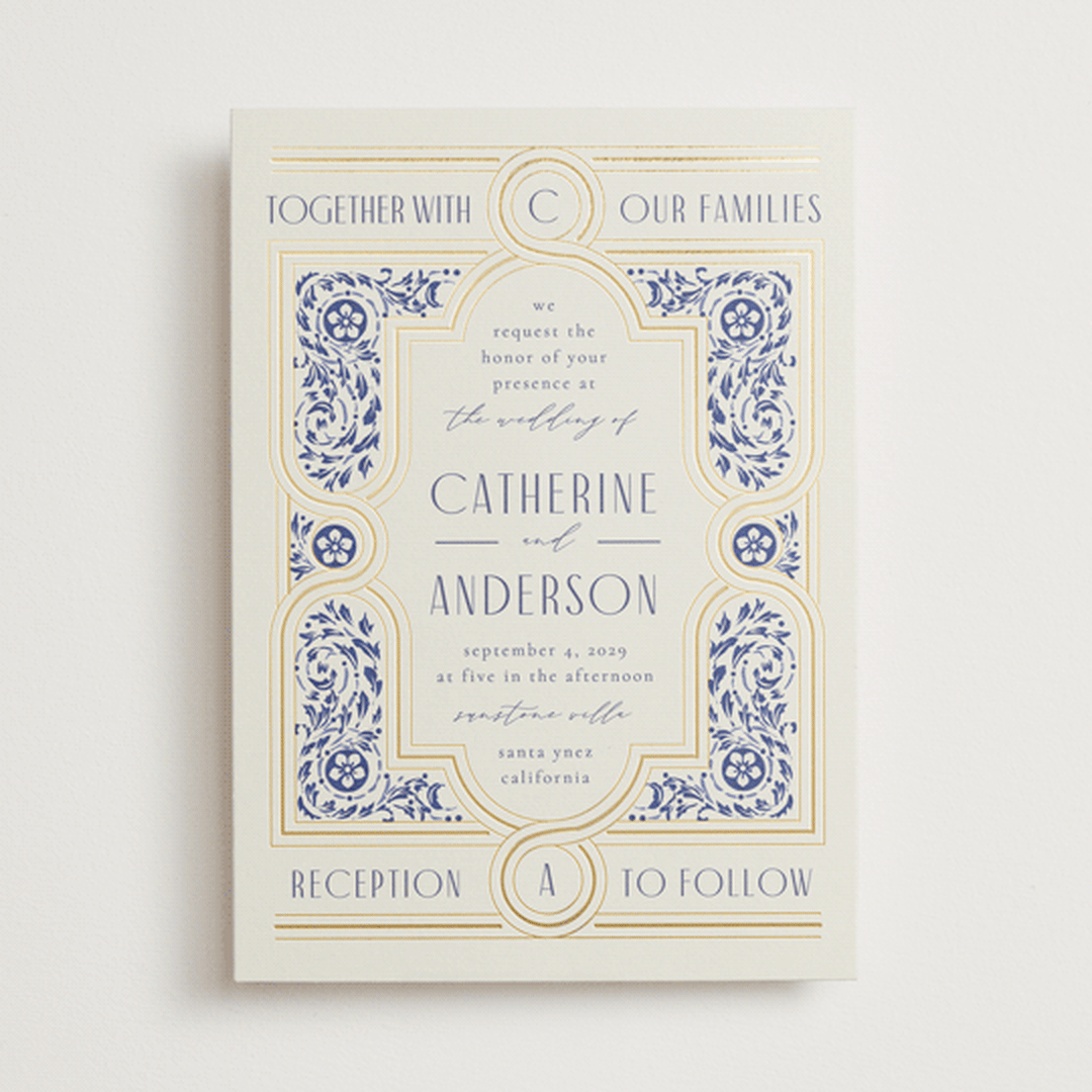 "Tiled Romance" - Wedding Invitations in Dynasty Blue by Ana de Sousa - Front