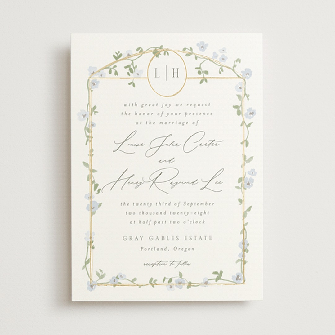 "Portico" - Wedding Invitations in Blue Bell by Everett Paper Goods - Front