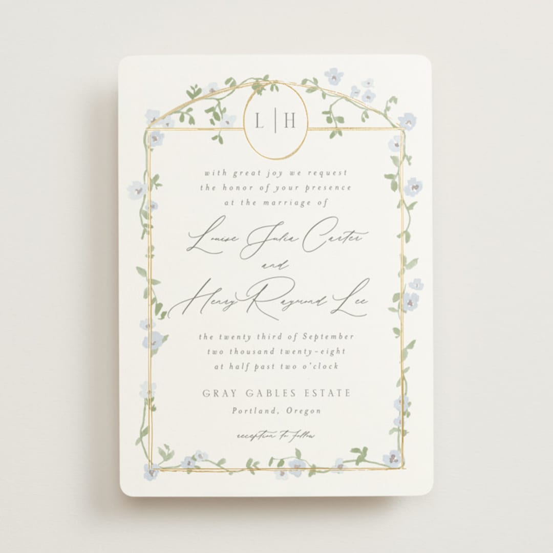 "Portico" - Wedding Invitations in Blue Bell by Everett Paper Goods - Front