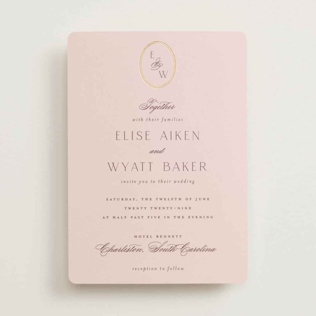 "Scallop Monogram" - Wedding Invitations in Rose Quartz by Emily Betts - Front