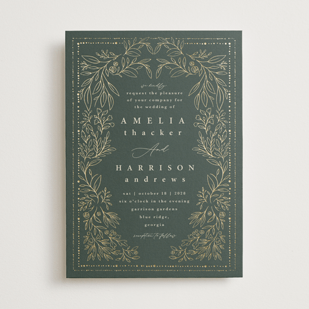 "Foil Botanical Frame" - Wedding Invitations in Forest by Hannah Williams - Front