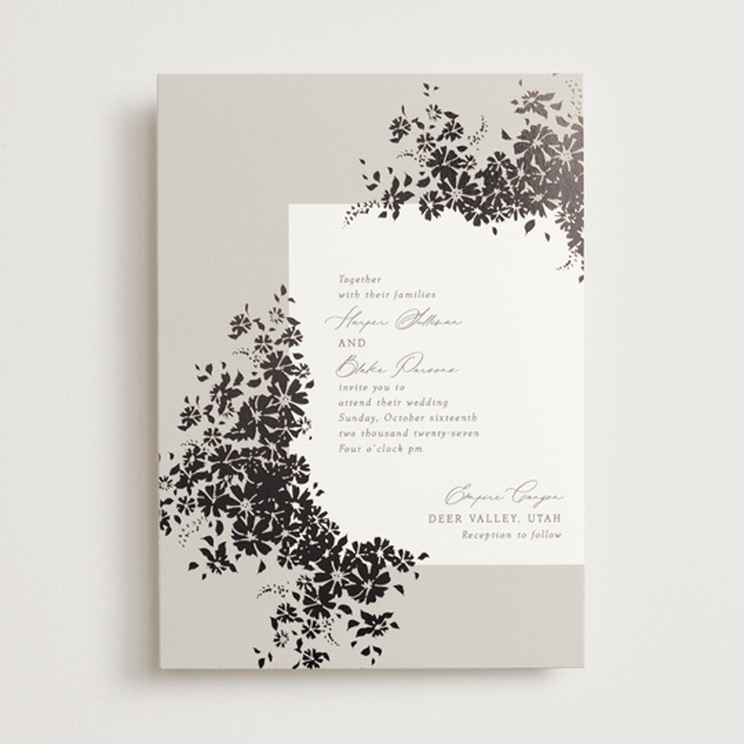 "Bouquet Toss" - Wedding Invitations in Smoke by Robert and Stella - Front