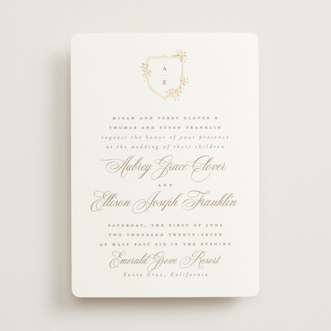"Monogram in Leaves" - Wedding Invitations in Pearl by Leah Bisch - Front
