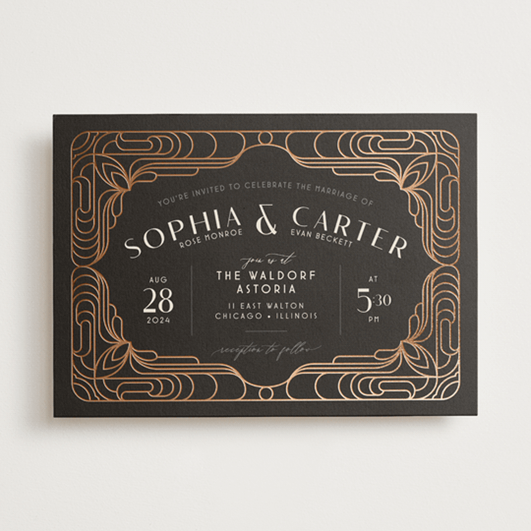 "Geometric Deco" - Wedding Invitations in Midnight by GeekInk Design - Front