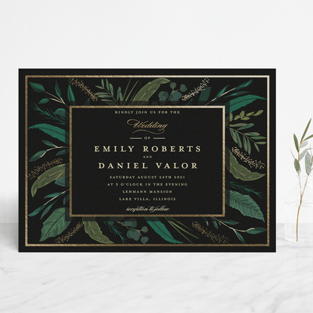 "Emerald Leaves" - Wedding Invitations in Midnight by Susan Moyal - Front