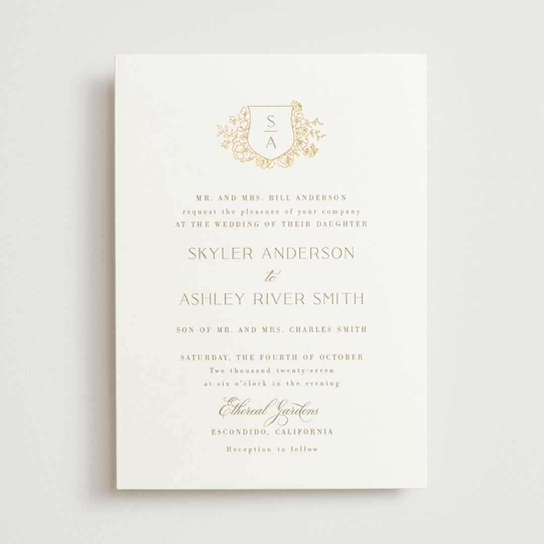 "floral crest" - Wedding Invitations in Champagne by Cass Loh - Front