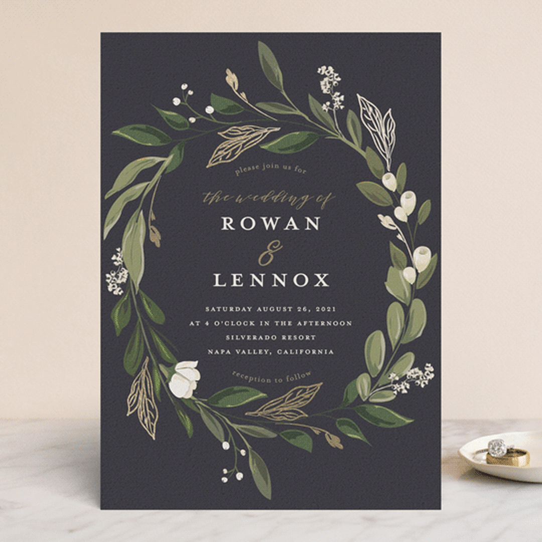 "Greenery Crown" - Wedding Invitations in Midnight by Susan Moyal - Front