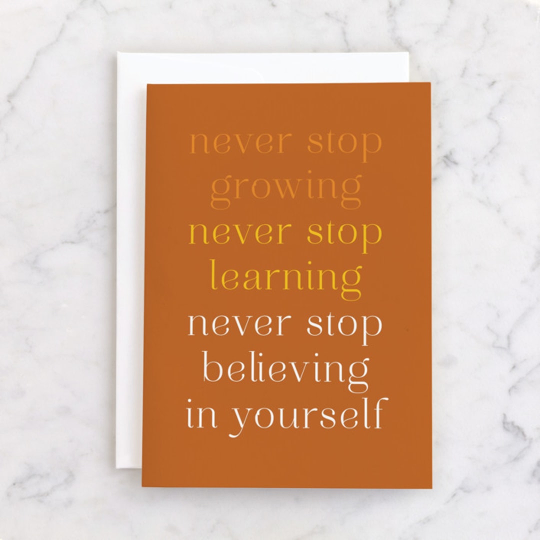 "Never Stop. Graduate" - Single Greeting Cards in Sunset by Charter Oaks Creative - Front