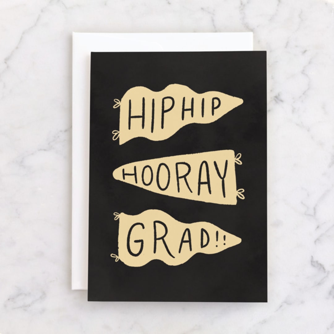 "Hip Hip Hooray Grad" - Single Greeting Cards in Ebony by Ashley DeMeyere - Front