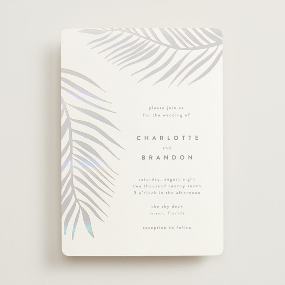 "Palm Vibes" - Gloss-Press® Wedding Invitations in Porcelain by Pixel and Hank - Front