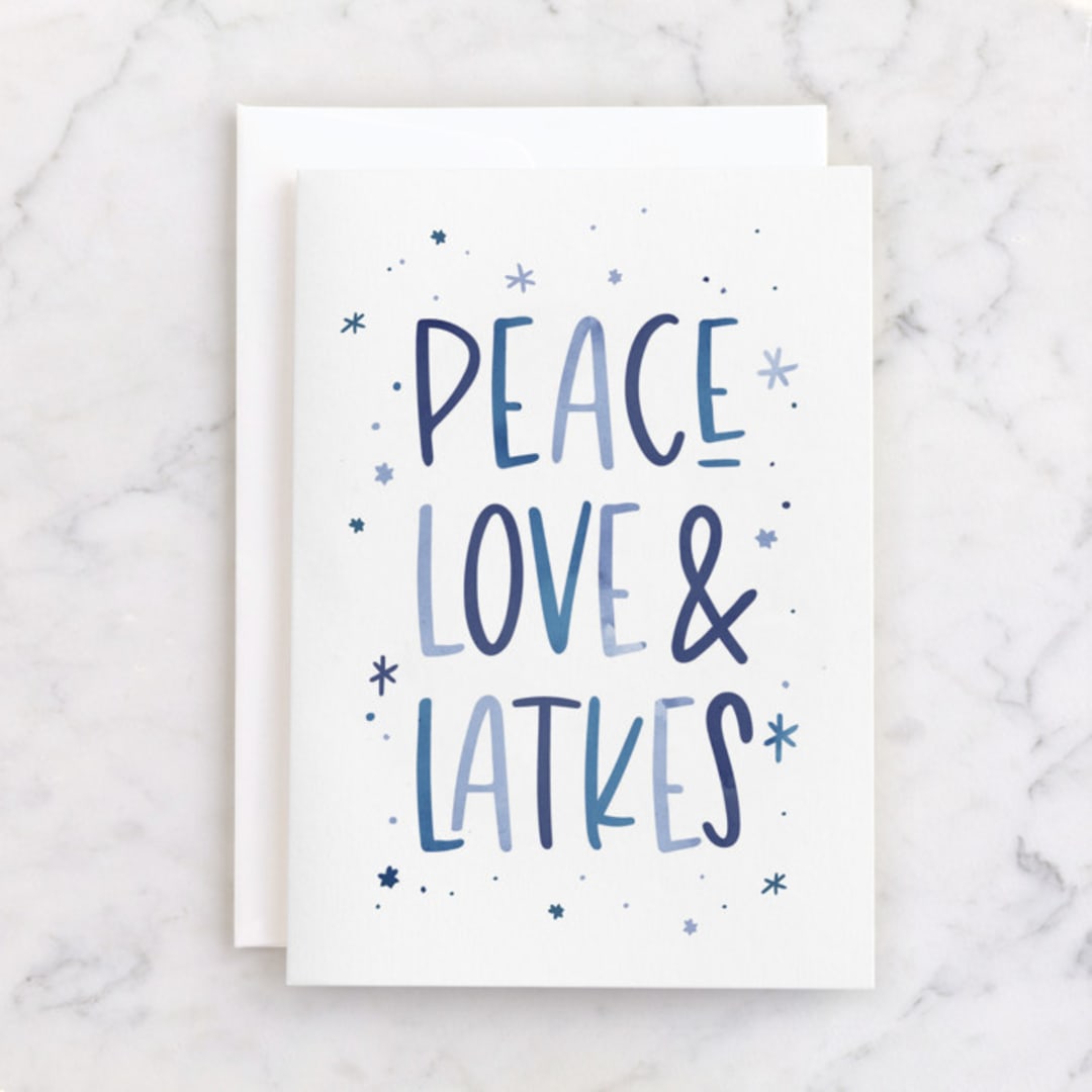 "Peace, Love & Latkes" - Single Greeting Cards in Frost by Laura Bercovich - Front