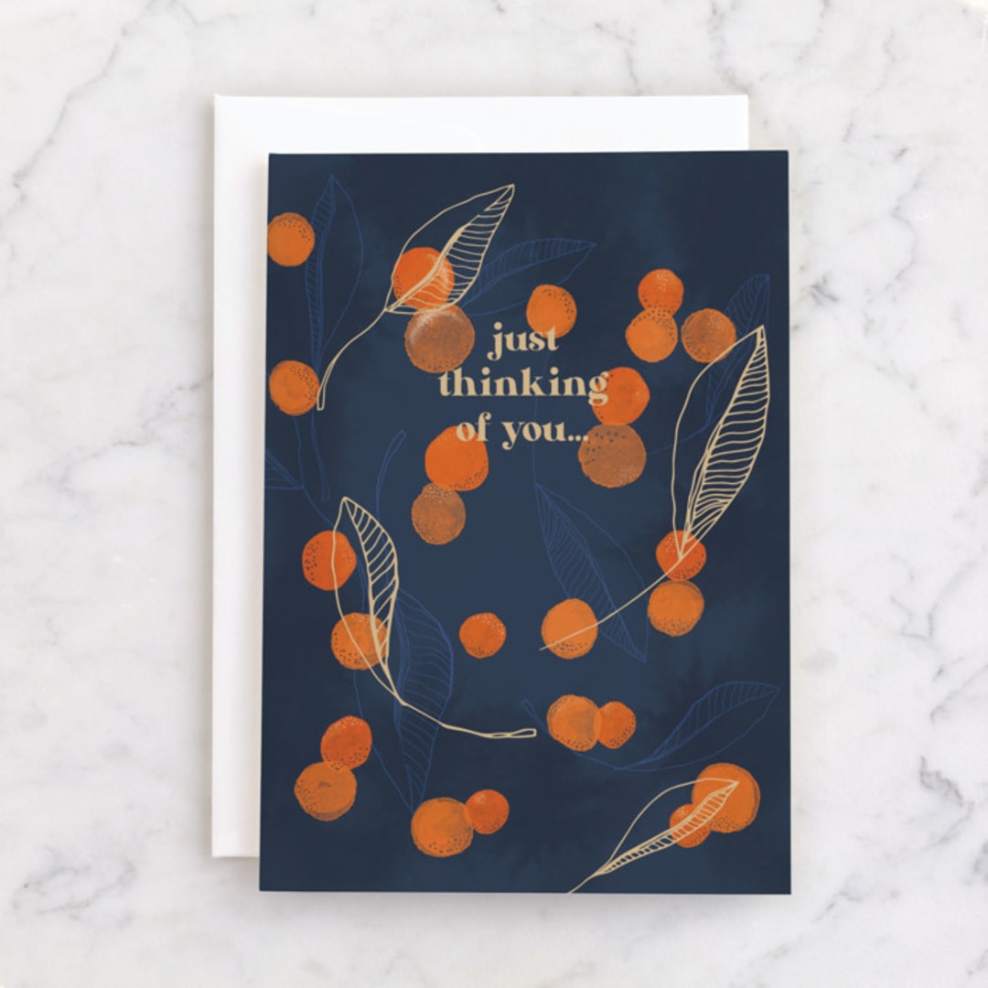 "Orange pattern" - Single Greeting Cards in Navy by Lucrecia Caporale - Front